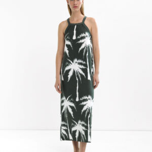 Palm Tree Print Straight-Neck Maxi Dress – Blue