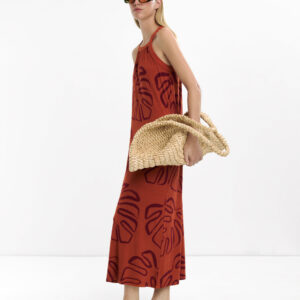 Palm Tree Print Straight-Neck Maxi Dress – Brown