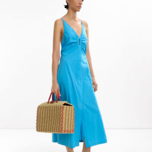 Blue Ruched-Front Open-Back Maxi Dress