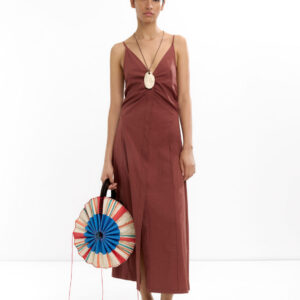 Brown Ruched-Front Open-Back Maxi Dress