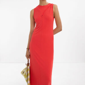 Ribbed Stud-Neck A-Line Maxi Dress – Red