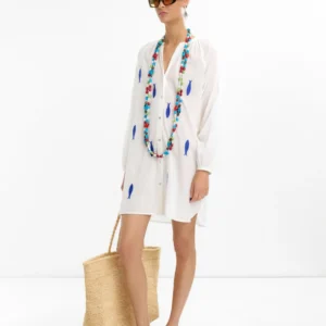 White Embroidered Cotton Mandarin Collar Dress