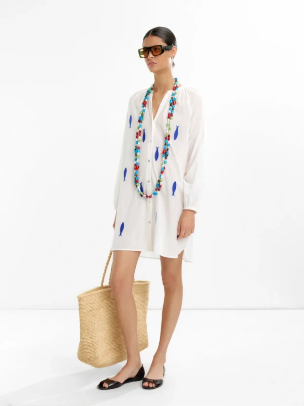 White Embroidered Cotton Mandarin Collar Dress