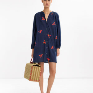 Navy Embroidered Ruched Cotton Shirt Dress