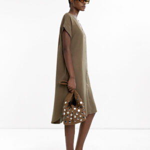 Khaki Lyocell Flowy V-Neck Dress