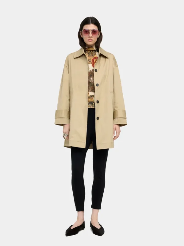 Midi Padded Cotton Jacket with Square Print – Khaki