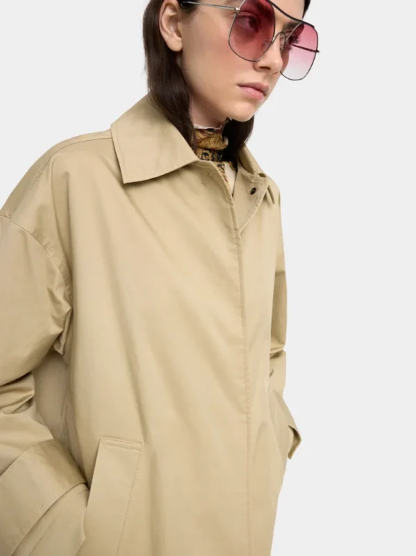 Midi Padded Cotton Jacket with Square Print – Khaki