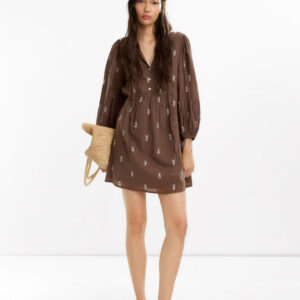 Brown Embroidered Cotton Puff Sleeve Dress