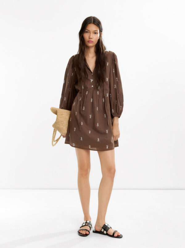 Brown Embroidered Cotton Puff Sleeve Dress