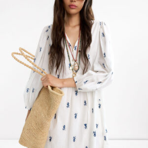 White Embroidered Cotton Puff Sleeve Dress