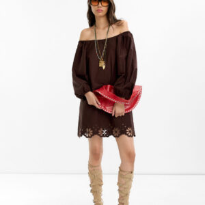 Brown Off-Shoulder Pierced Embroidery Dress