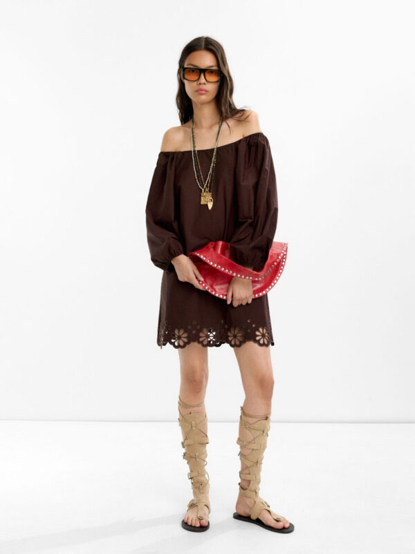 Brown Off-Shoulder Pierced Embroidery Dress