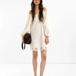 White Off-Shoulder Pierced Embroidery Dress