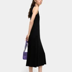 Ribbed Stud-Neck Flowy Maxi Dress – Black