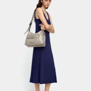 Ribbed Stud-Neck Flowy Maxi Dress – Blue