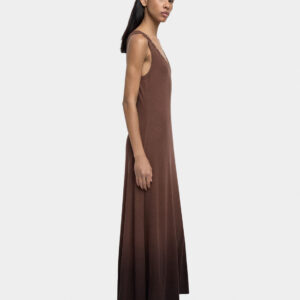 Ribbed Stud-Neck A-Line Maxi Dress – Brown