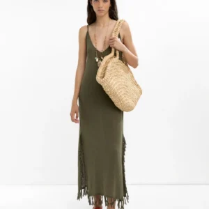Linen-Cotton Fringe-Hem Maxi Dress
