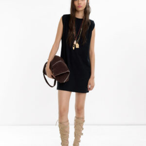 Black Draped Shoulder Cotton Mini Dress