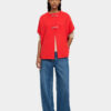 Buckle-Closure Knit Poncho Red