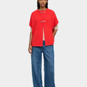Buckle-Closure Knit Poncho Red