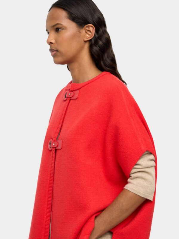 Buckle-Closure Knit Poncho Red