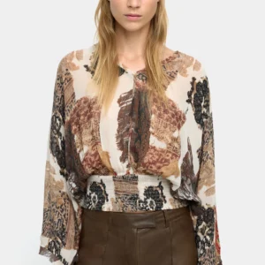 Semi-Sheer Printed V-Neck Blouse – Brown Mix