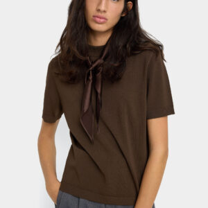 Knit Satin-Scarf Detail Top – Brown