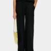 Elastic Waist Straight Trousers with Ribbed Pockets – Black