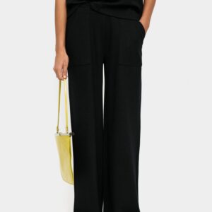 Elastic Waist Straight Trousers with Ribbed Pockets – Black