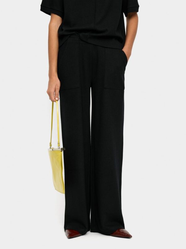 Elastic Waist Straight Trousers with Ribbed Pockets – Black