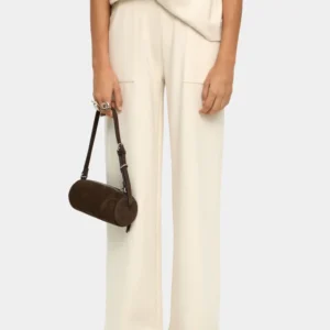 Elastic Waist Straight Trousers with Ribbed Pockets – Ecru