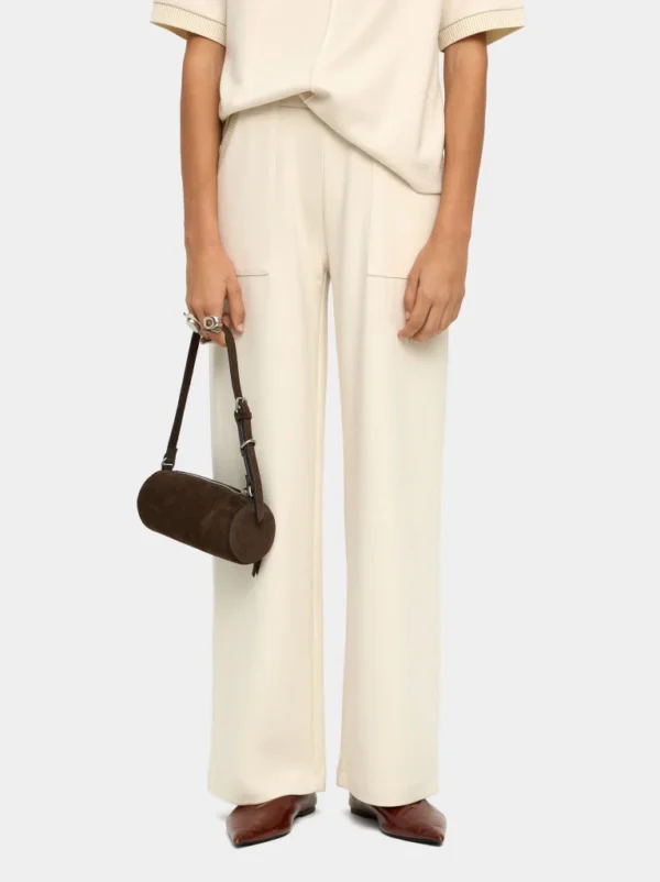 Elastic Waist Straight Trousers with Ribbed Pockets – Ecru