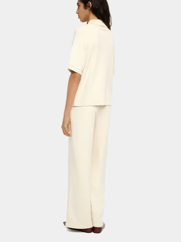 Elastic Waist Straight Trousers with Ribbed Pockets – Ecru