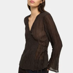 Crinkled Wrap V-Neck Blouse – Brown