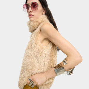 Faux-Fur High-Collar Vest – Ecru