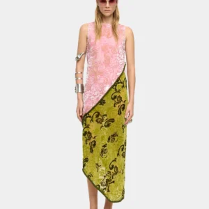 Jacquard Leaf-Pattern Asymmetric Maxi Dress – Pink