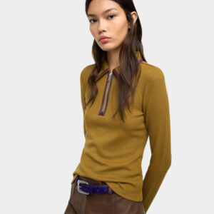 Ribbed Polo Collar Zipper Top – Mocha