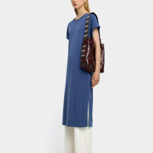 Blue Plain Straight-Cut Midi Dress