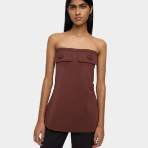 Strapless Lapel-Detail Buttoned Top – Brown