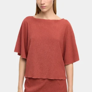 Crinkled Boat-Neck Batwing Blouse – Brown