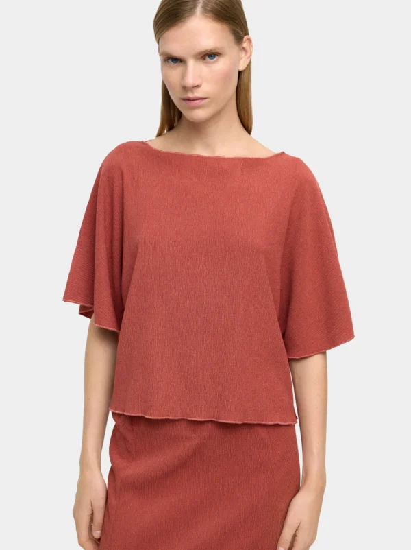 Crinkled Boat-Neck Batwing Blouse – Brown