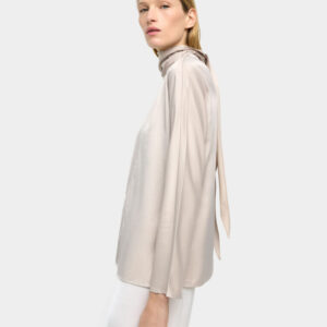 Satin-Finish High-Neck Blouse with Ribbons