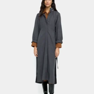 Gray Crinkled High-Collar Midi Dress with Belt