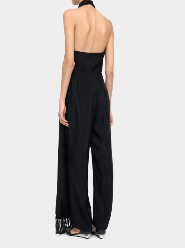 Crinkled Jumpsuit with Fringed Hem Detail – Black