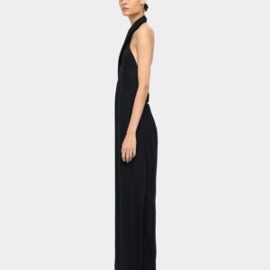 Crinkled Jumpsuit with Fringed Hem Detail – Black