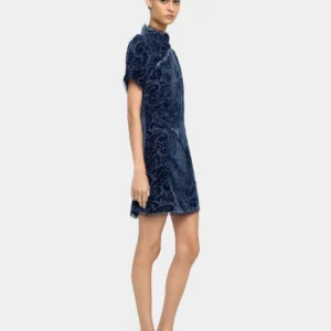 Navy Jacquard Velvet Leaf Mini Dress