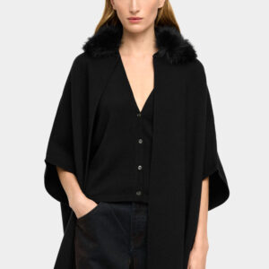 Contrast-Edge High-Neck Poncho – Khaki