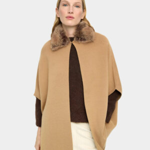 Beige High-Neck Poncho with Buckle
