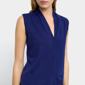 Wool-Blend V-Neck Pointed-Hem Knit Vest – Blue