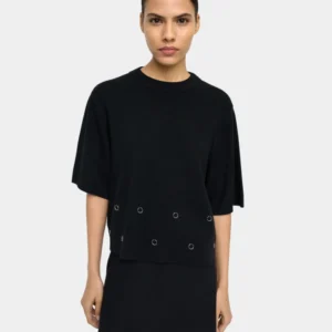 Eyelet Detail Short-Sleeve Knit Sweater – Black